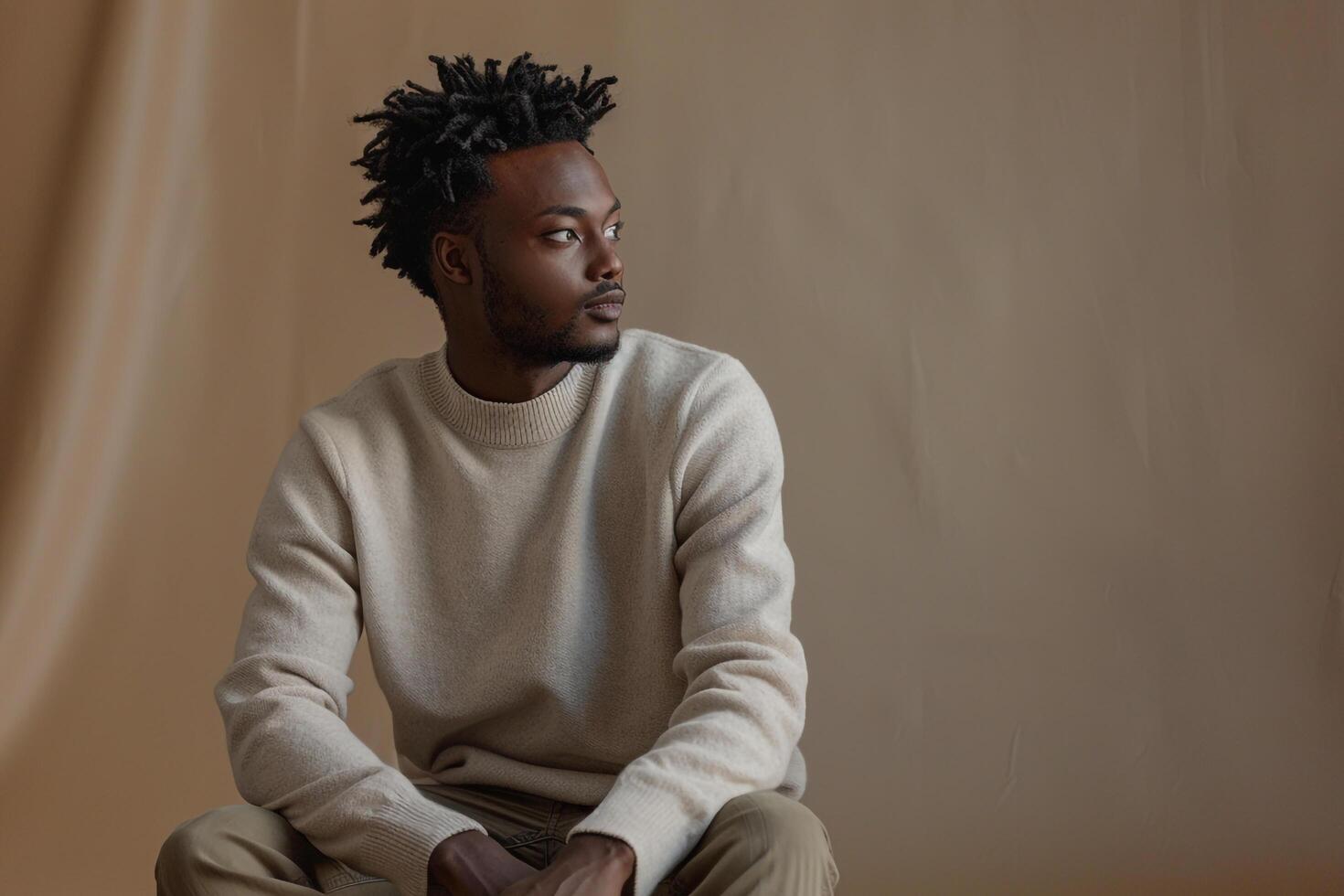 J.Lindeberg Verkäufe -J.Lindeberg Verkäufe stylish male fashion model in relaxed pullover costume taupe background and cozy lifestyle featuring a gentle touch in males fashion portrait free photo